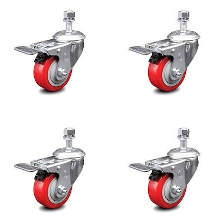 Service Caster 3 Inch Red Polyurethane Swivel 1/2 Inch Stem Caster Set with Total Lock Brake SCC-TSTTL20S314-PPUB-RED-121315-4